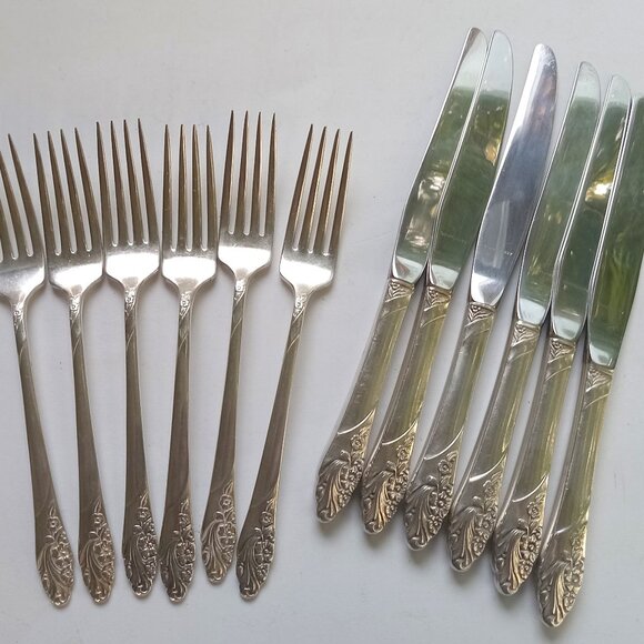 Silver Plate Community Oneida c1950s 6 Dinner Knives 6 Dinner Forks EVENING STAR - Picture 1 of 11